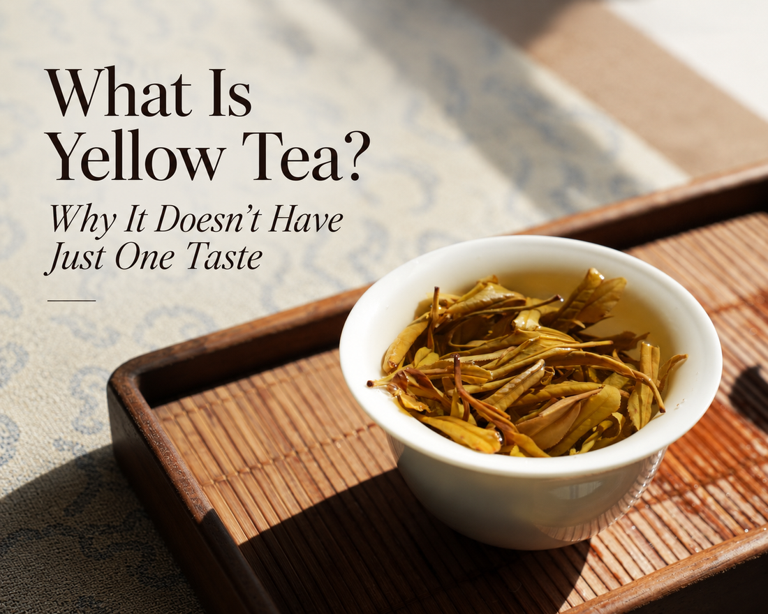 A white ceramic gaiwan filled with steeped golden yellow tea leaves on a bamboo tea tray in warm sunlight, with text reading "What Is Yellow Tea? Why It Doesn’t Have Just One Taste".