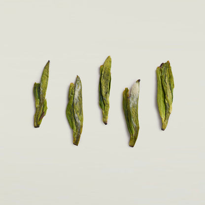 Dragon Well (Longjing) loose-leaf green tea showcasing its signature flat leaf shape